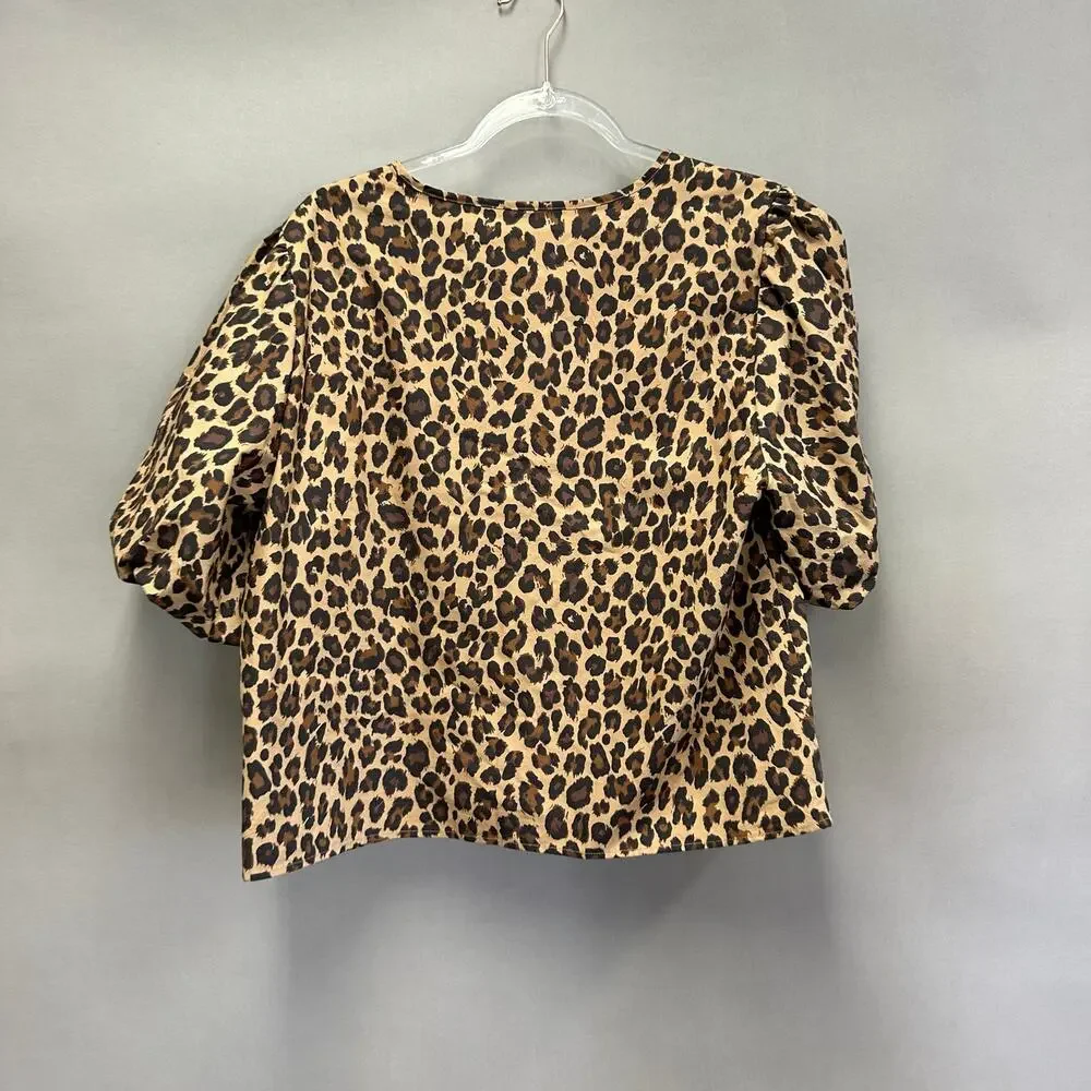 Abercrombie‎ & Fitch Short-Sleeve Tie-Front Top Leopard Print Size Large NWT